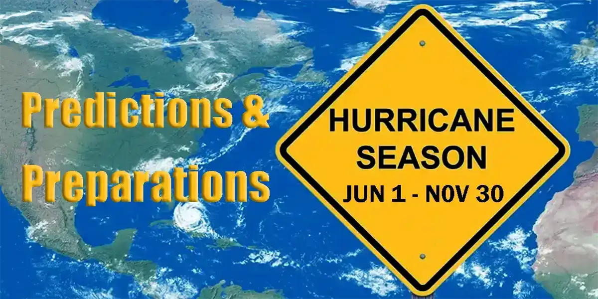 Hurricane Season Florida Predictions & Preparations Gold Letters on Ocean Background